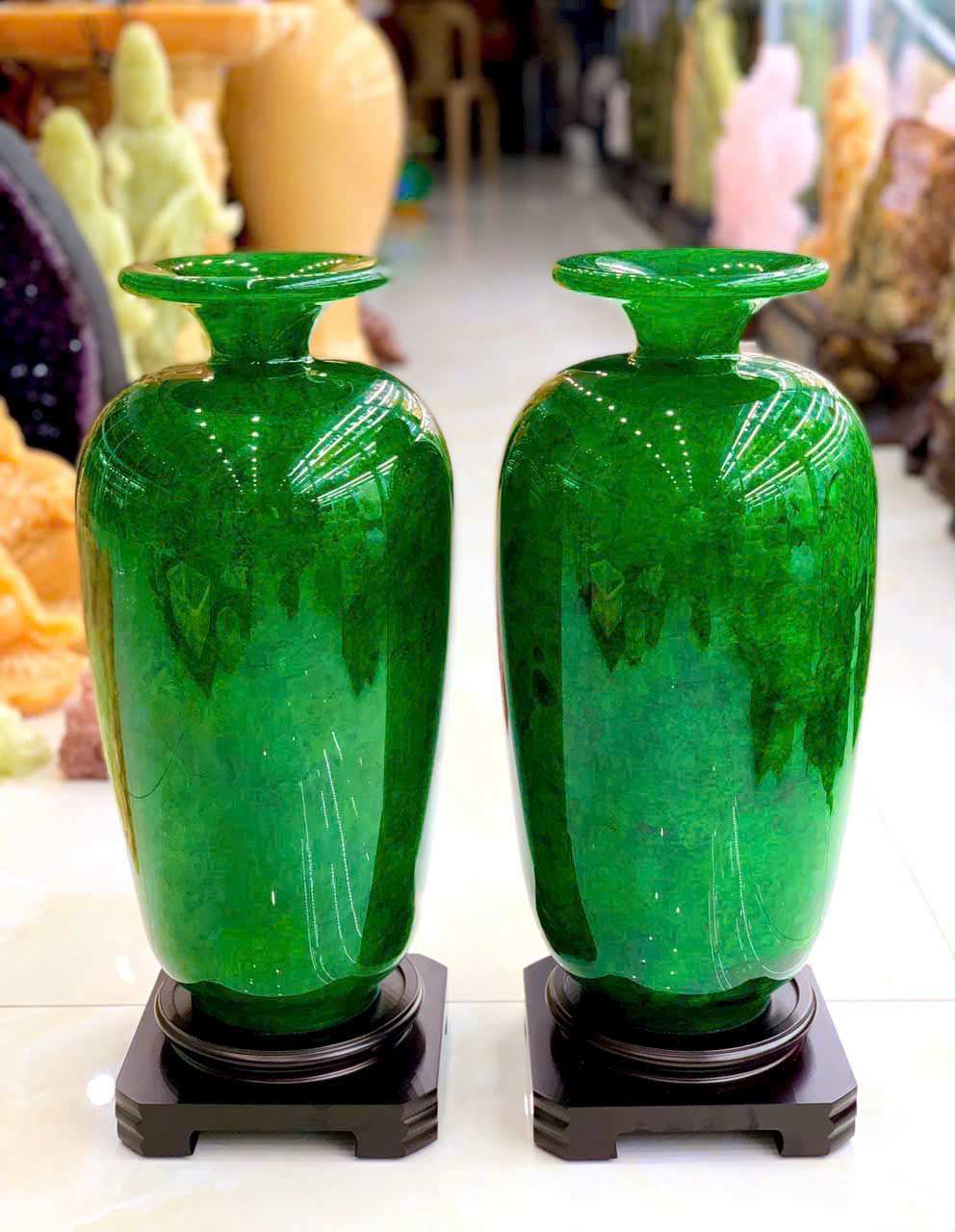 Cặp Chum Phú Quý Đá Khổng Tước (Malachite) Cao 46 Đường Kính 20 (cm) Cân Nặng 26,6 (kg) (1) Cặp Chum Phú Quý Đá Khổng Tước (Malachite)