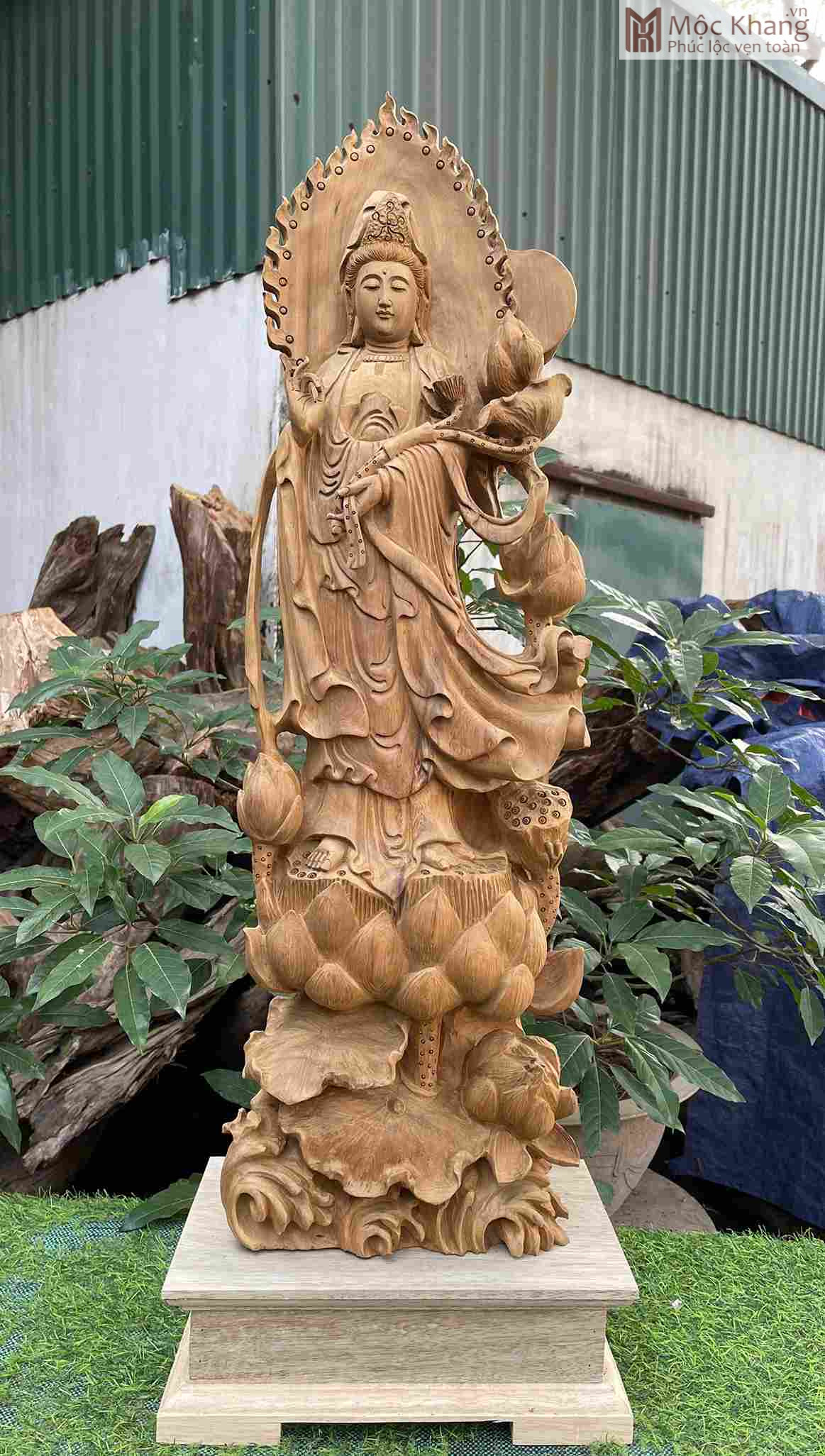 Tượng Phật Bà Quan Âm Gỗ Bách Xanh Cao 90 Ngang 25 Sâu 15 (cm) (2)_2 Tượng Phật Bà Quan Âm Gỗ Bách Xanh