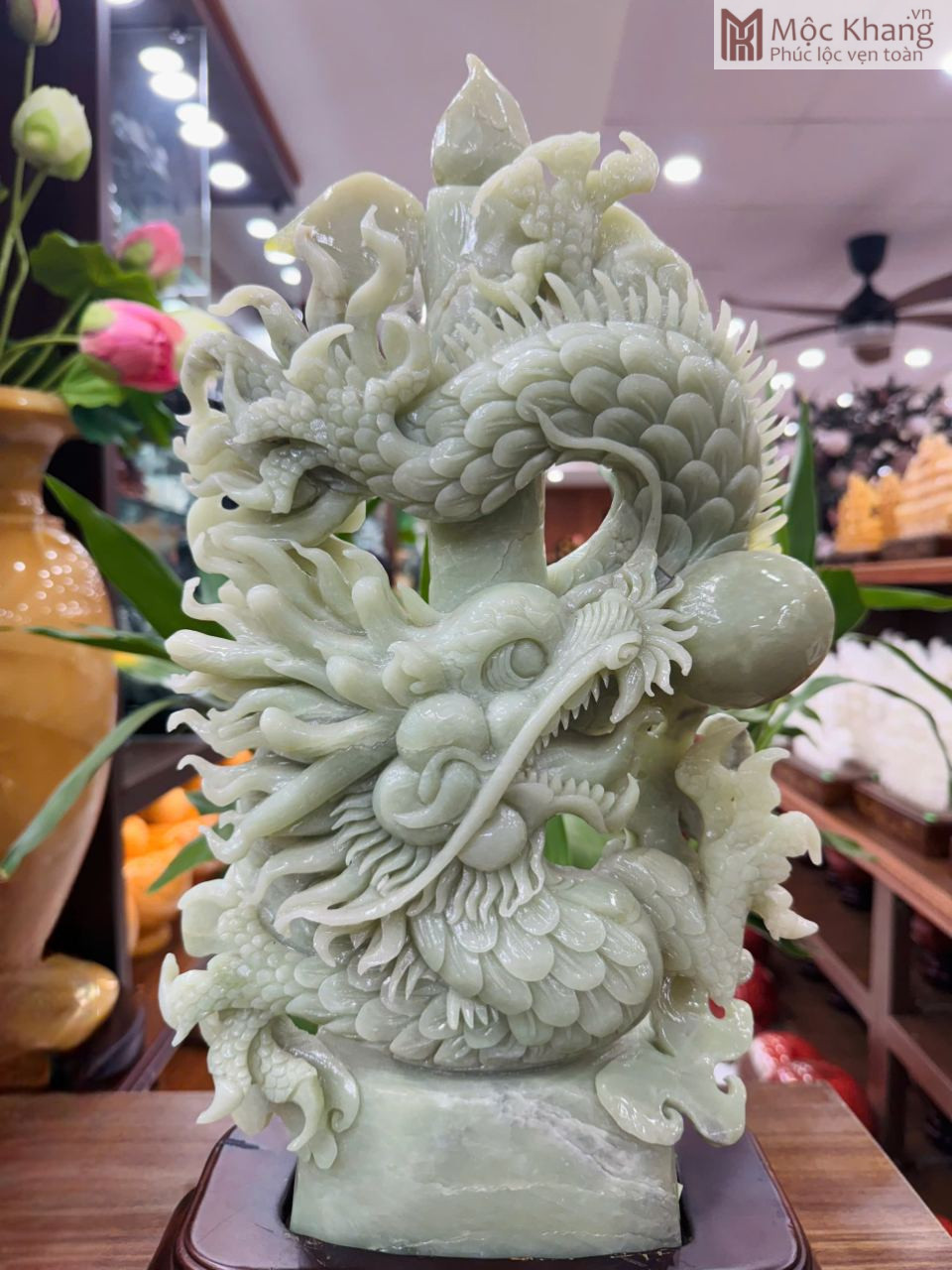 Nhất Long Chầu Ngọc Ngọc Serpentine cao 51 Ngang 22 Sâu 8 (cm) (2) Nhất Long Chầu Ngọc Ngọc Serpentine