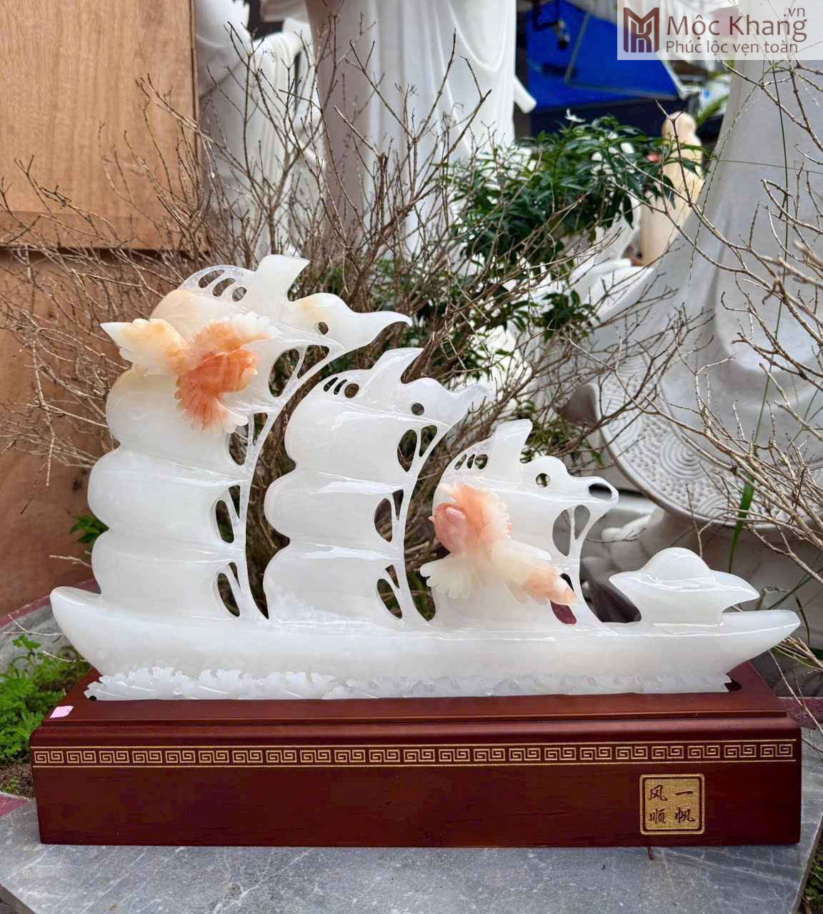 Thuyền Buồm Uyên Ương Đá Onyx Trắng (1)_1 Thuận Buồm Xuôi Gió Đá Onyx Trắng