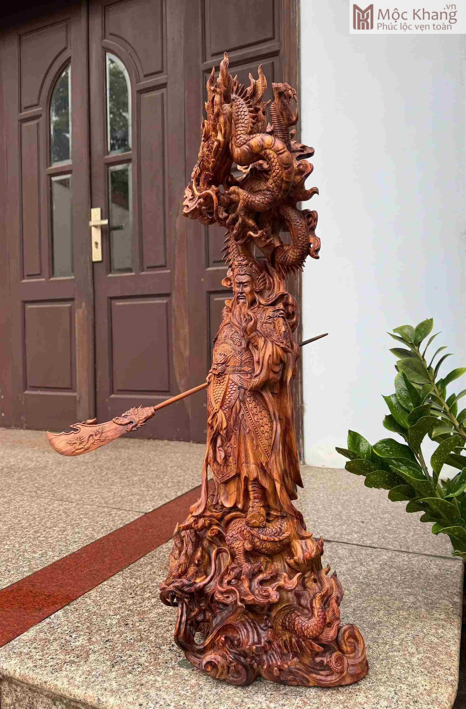 Tượng Quan Công Ngự Song Long Gỗ Sưa Cao 85 Ngang 30 Sâu 26 (cm) (2) Tượng Quan Công Ngự Song Long Gỗ Sưa
