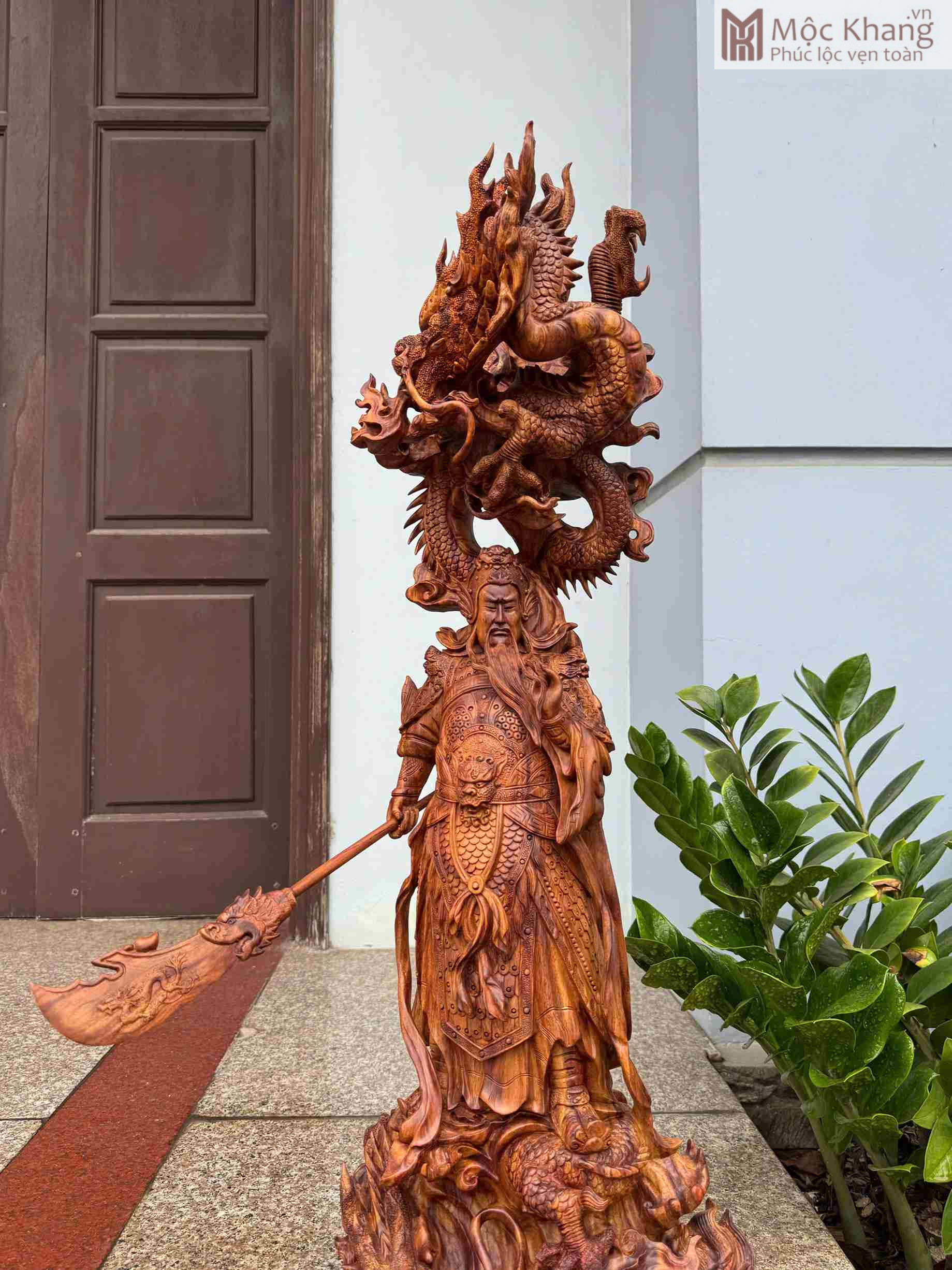 Tượng Quan Công Ngự Song Long Gỗ Sưa Cao 85 Ngang 30 Sâu 26 (cm) (3) Tượng Quan Công Ngự Song Long Gỗ Sưa