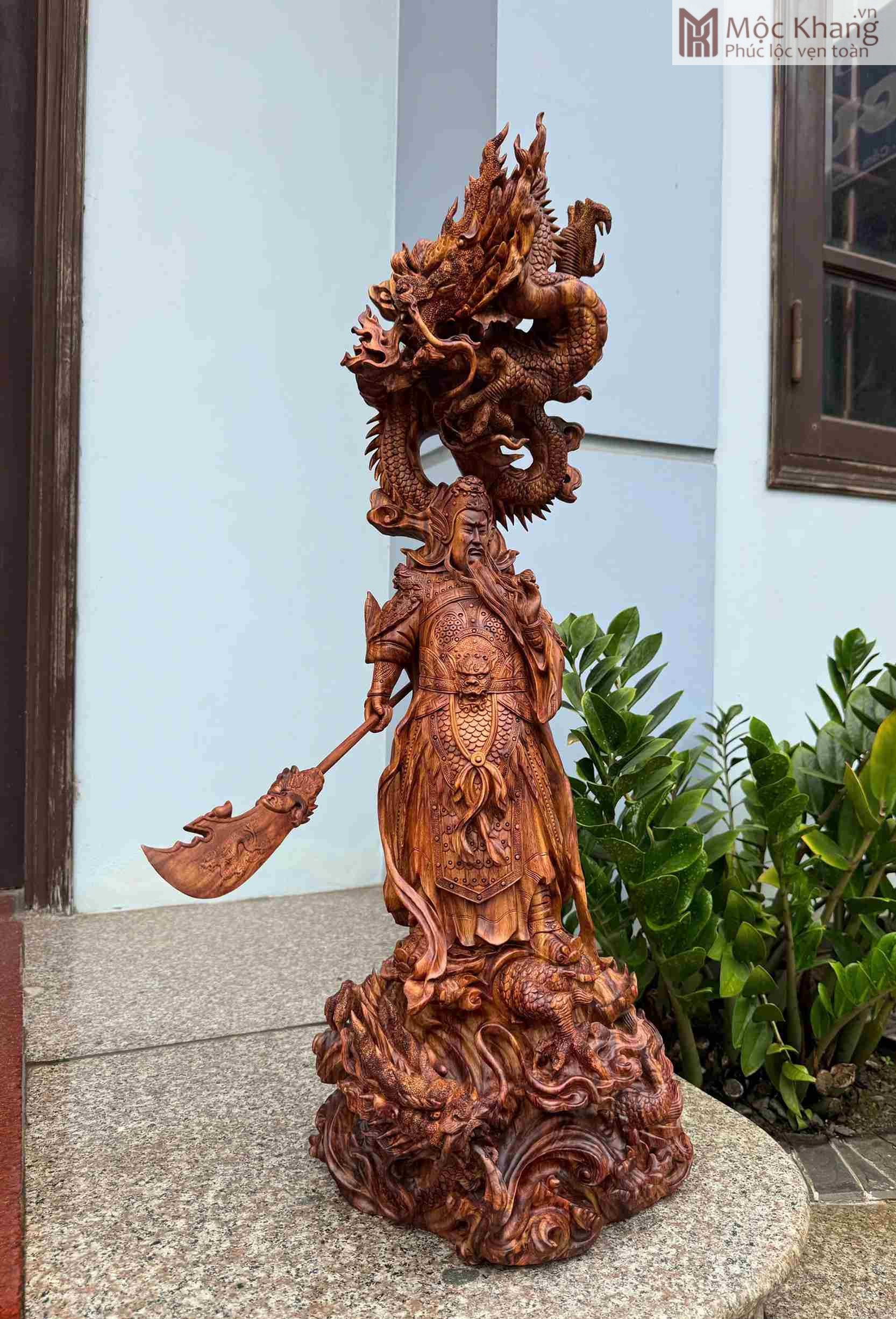 Tượng Quan Công Ngự Song Long Gỗ Sưa Cao 85 Ngang 30 Sâu 26 (cm) (4) Tượng Quan Công Ngự Song Long Gỗ Sưa