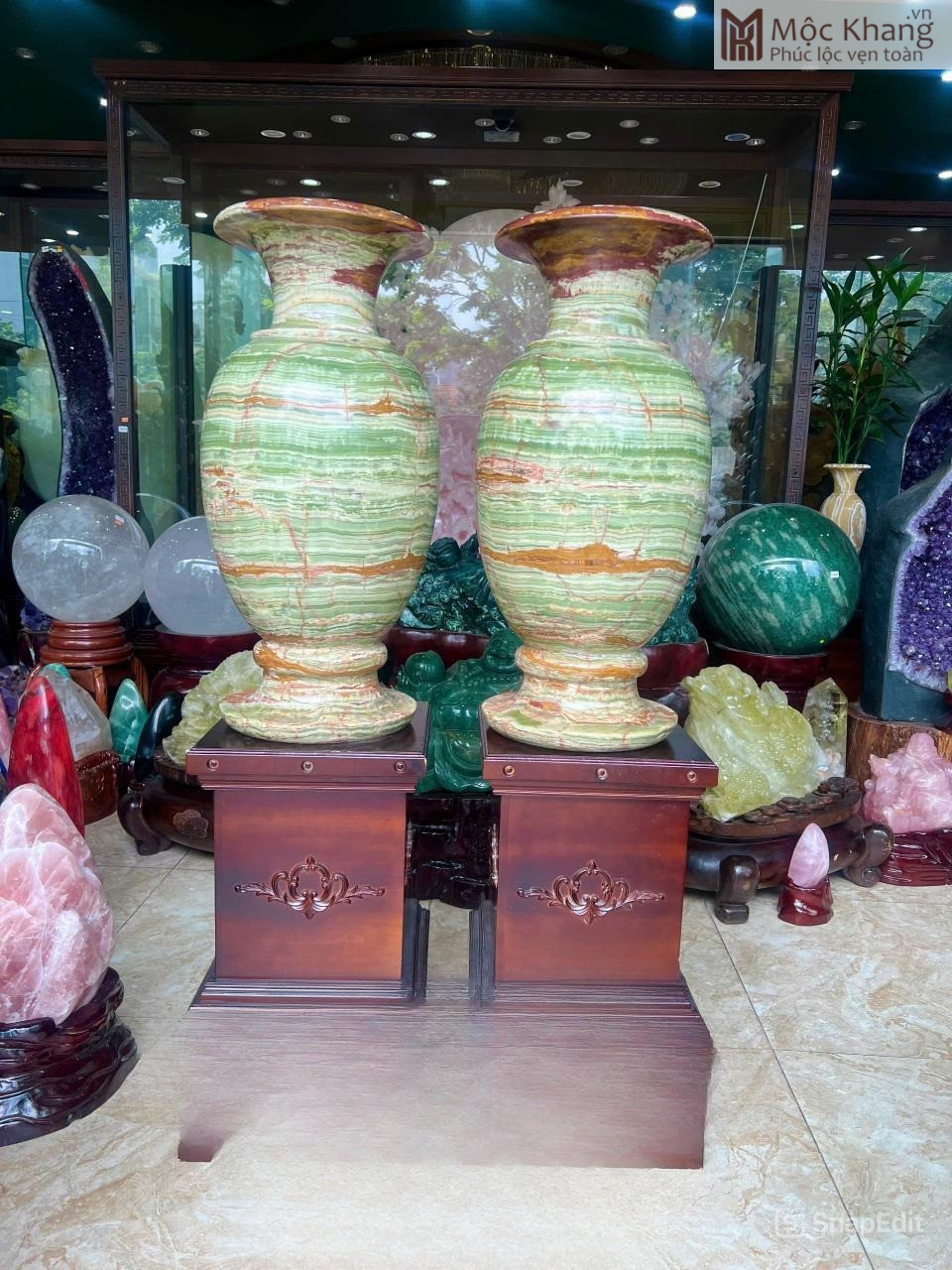 Cặp Lục Bình Ngọc Onyx Xanh Vân Huyết Cap Luc Binh Ngoc Onyx Xanh Van Huyet