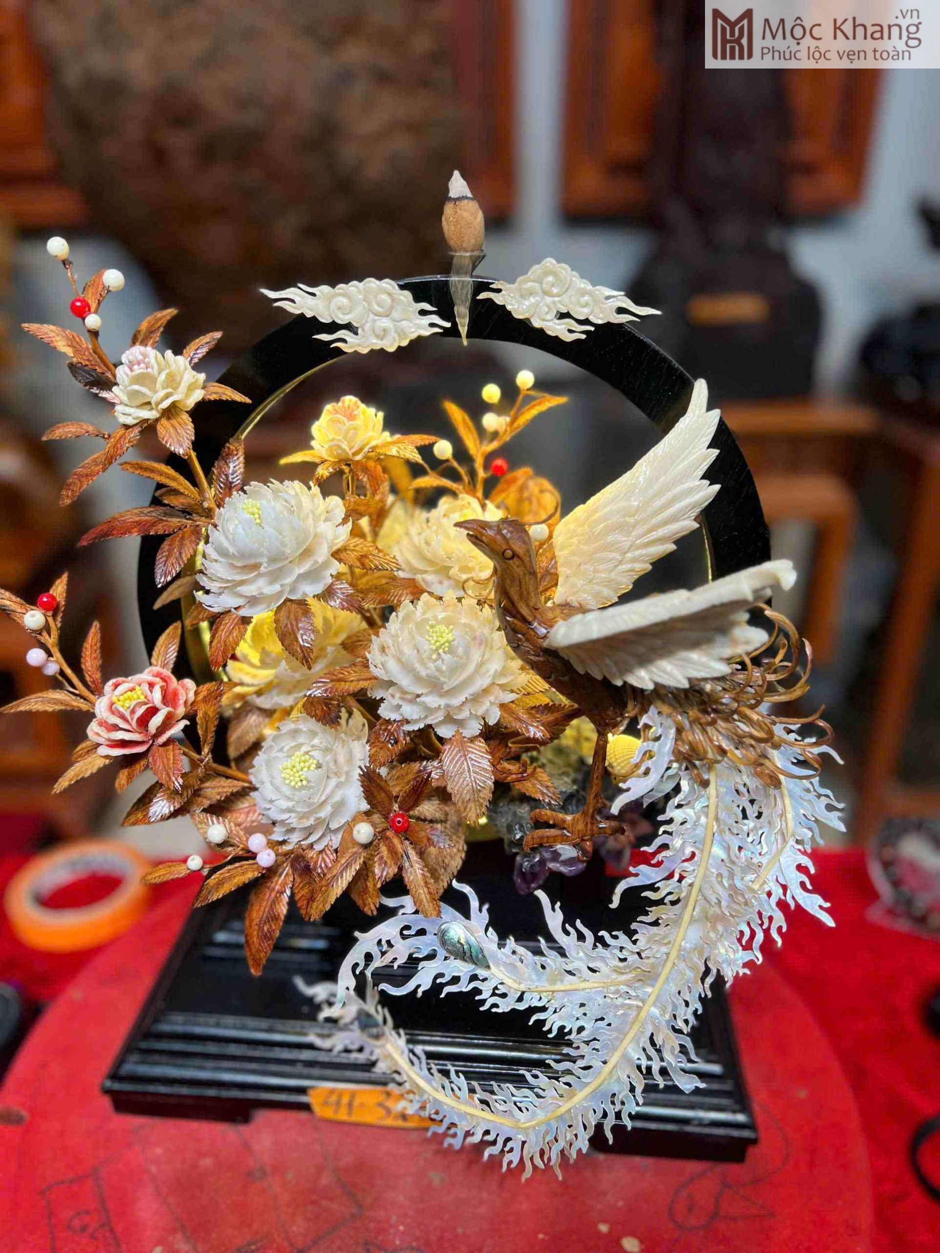 Tượng Phượng Hoàng Hoa Gỗ Sưa Cao 41 (cm) (1)_1