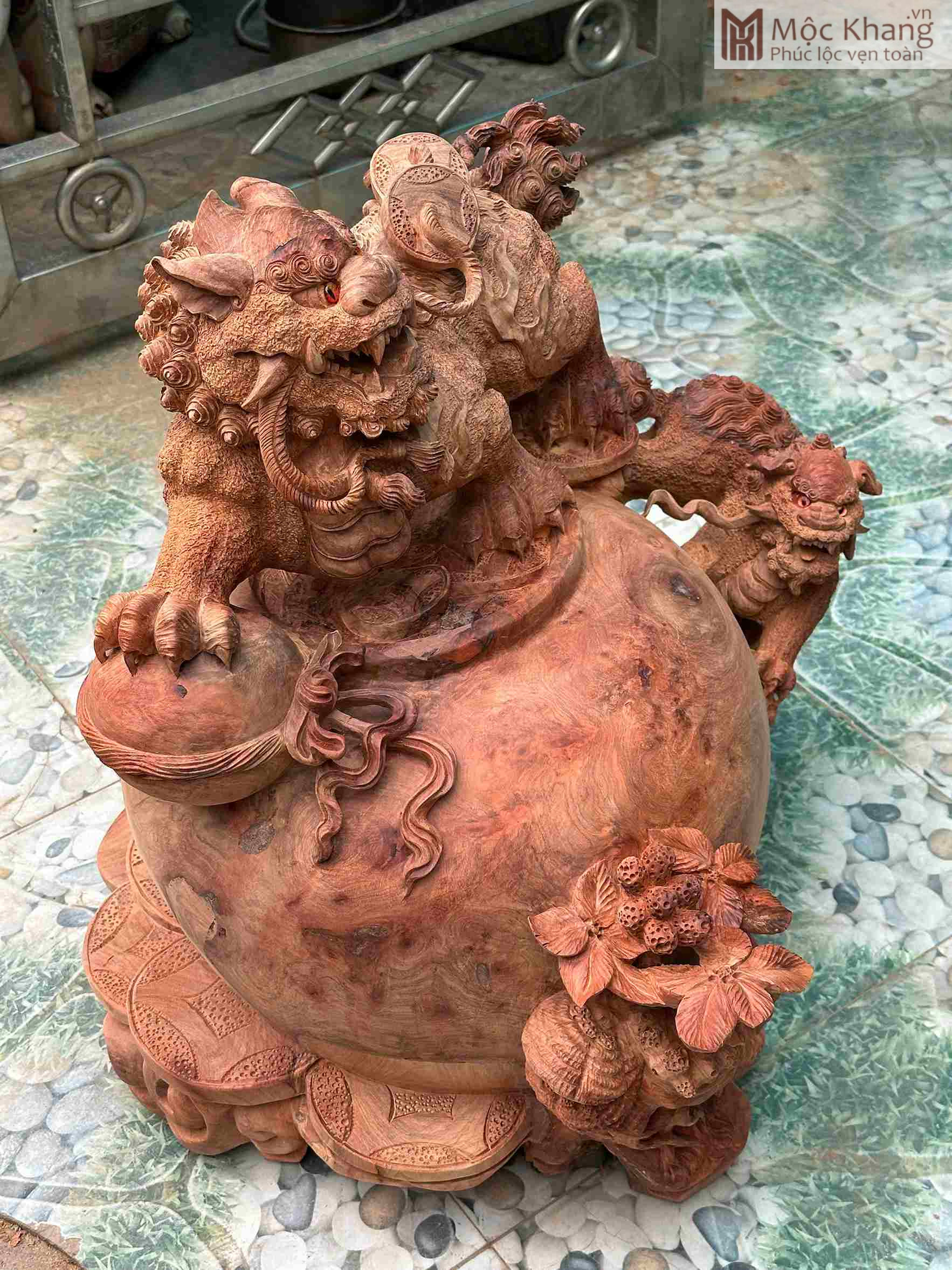 Bình Song Nghê Tài Lộc Gỗ Hương Cao 60 (cm) (3)_3