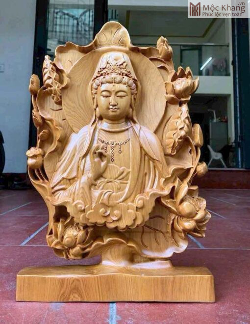 Phật Quan Âm Ngự Sen Gỗ Bách Xanh Cao 40(cm)