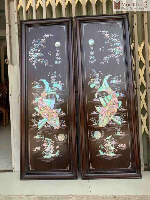 Tranh Cá Chép Khảm Ốc Gỗ Gụ Cao 107(cm)