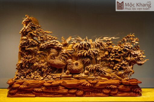 Tượng Gia Đình Gà Gỗ Hoàng Đàn Ngang 62(cm)