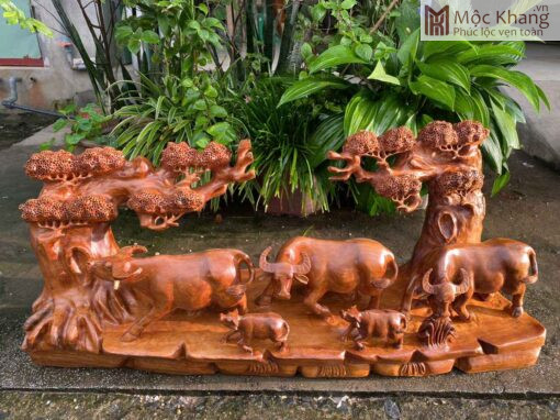 Tượng Gia Đình Trâu Gỗ Ngọc Am Ngang 97(cm)