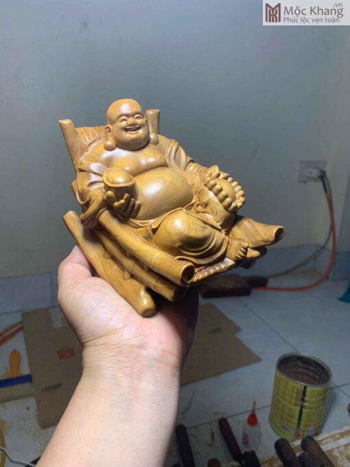Tượng Phật Di Lặc Nằm Chõng Gỗ Bách Xanh Cao 15(cm)