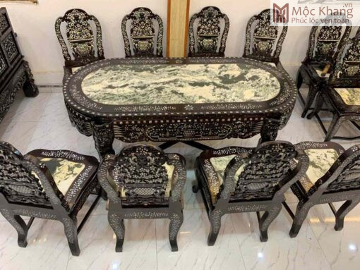 Bộ Bàn Ăn Gỗ Gụ Khảm Ốc Dài 185(cm)vs