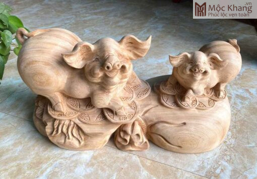 Tượng Heo Mẫu Tử Gỗ Ngọc Am Ngang 50(cm)