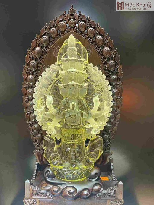 Tượng Phật Quan Âm Thiên Thủ Thạch Anh Vàng Cao 22.5(cm)