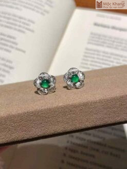 Hoa Tai Bạc Đính Viên Phỉ Thúy 4 (mm)