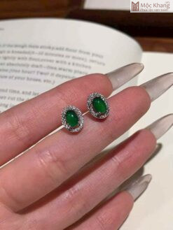 Hoa Tai Bạc Đính Viên Phỉ Thúy 5 (mm)