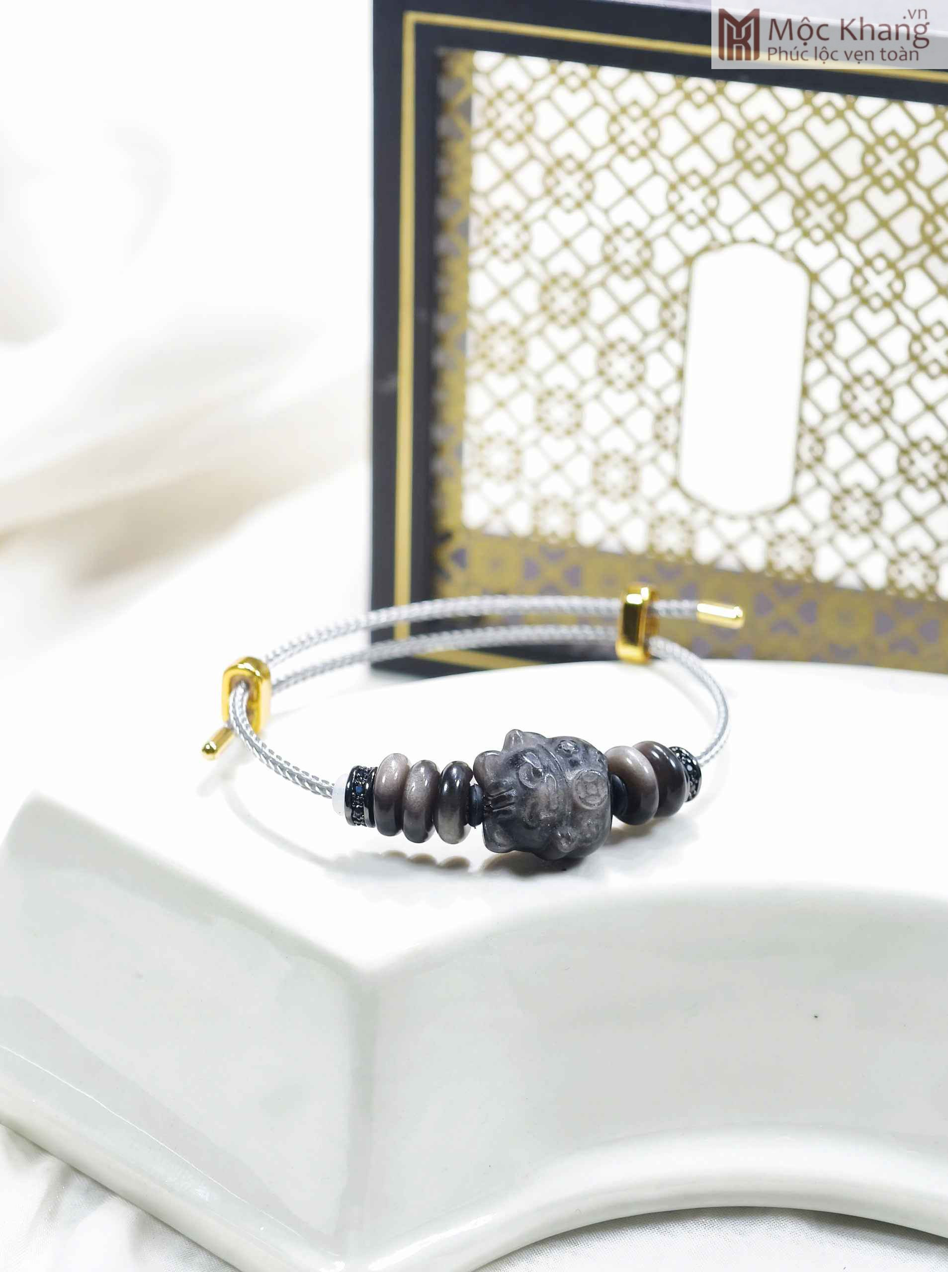 Vòng Tay Mèo Thần Tài Mix Ngũ Điếu Obsidian (1) Vòng Tay Mèo Thần Tài Mix Ngũ Điếu Obsidian