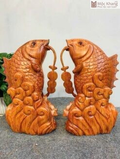Cặp Tượng Cá Chép Gỗ Hương Đá Cao 30(cm)
