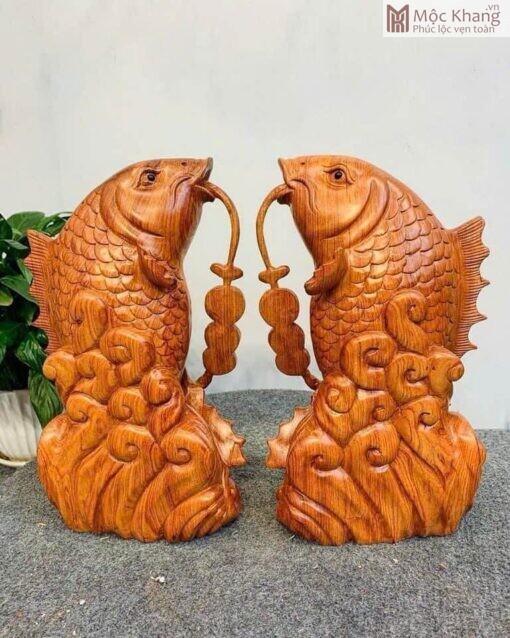 Cặp Tượng Cá Chép Gỗ Hương Đá Cao 30(cm)